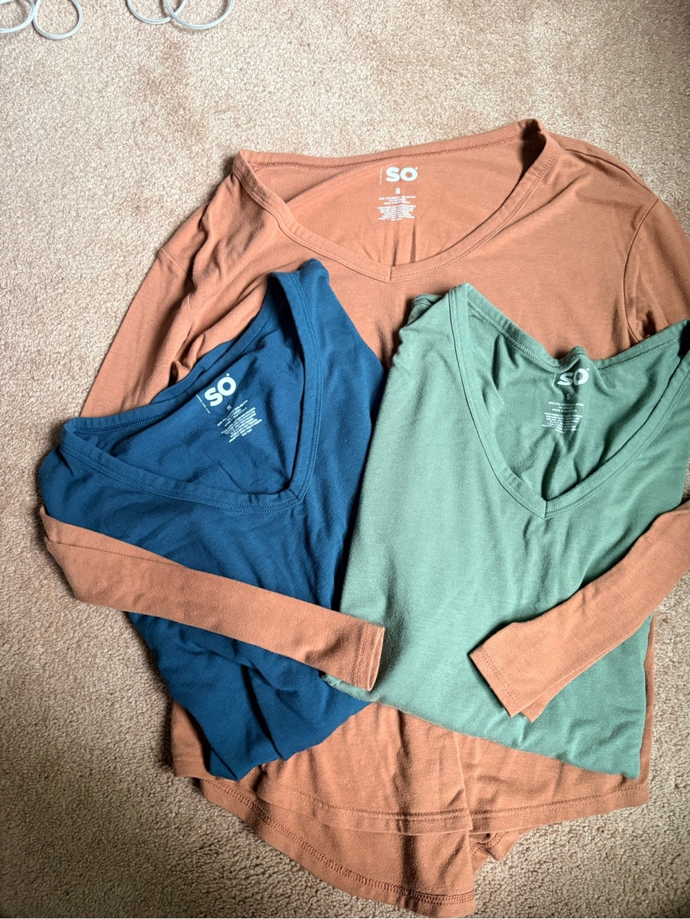 Lot of 3 SO V-Neck Long Sleeve Tee Tees in Rusty Orange, Teal, and sage green